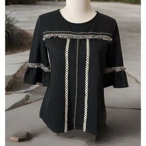 Hannah Shirt Pullover Top Blouse Black with White Fringe Trim